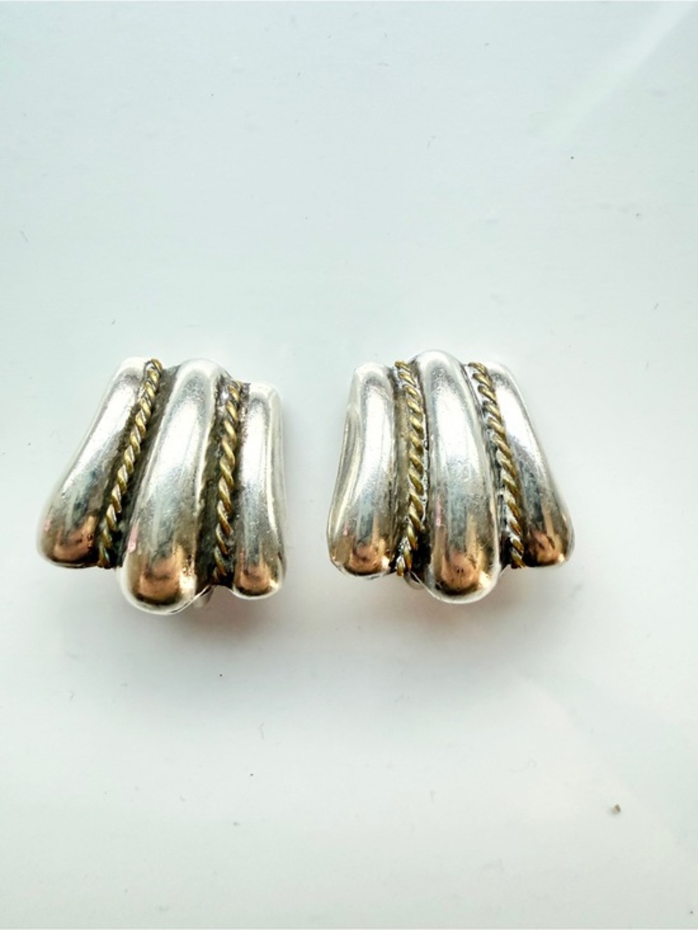 Vintage Taxco Mexico 925 Sterling Silver Gold Rope Clip-On Earrings Modernistj